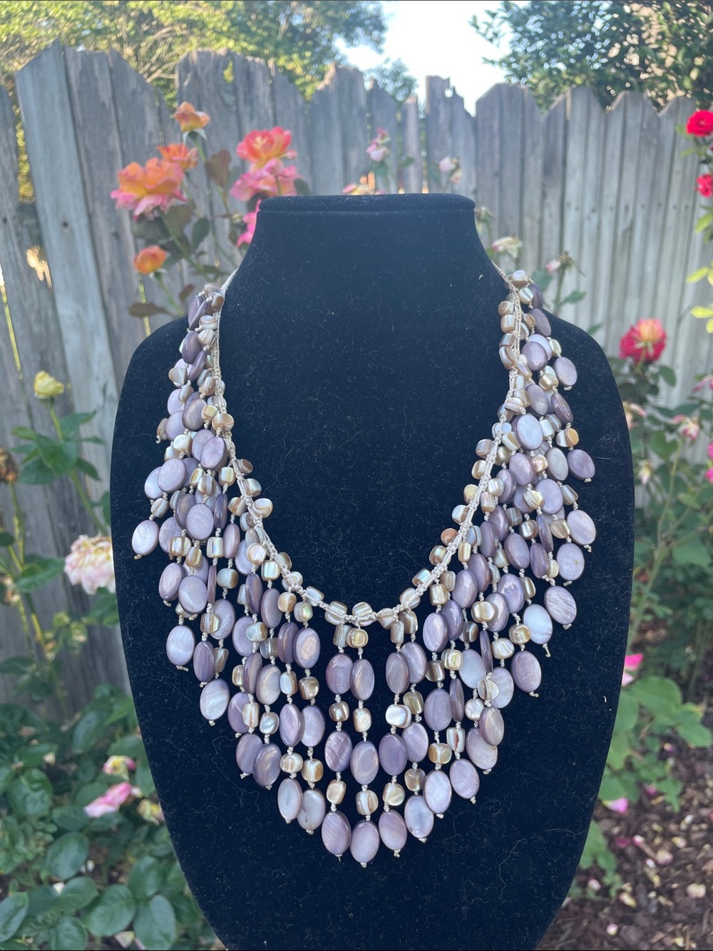 Mother of Pearl Bib Necklace purple and natural color